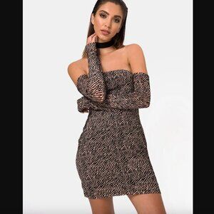 Motel Geneva Bodycon Dress in Tiger Net Tan M